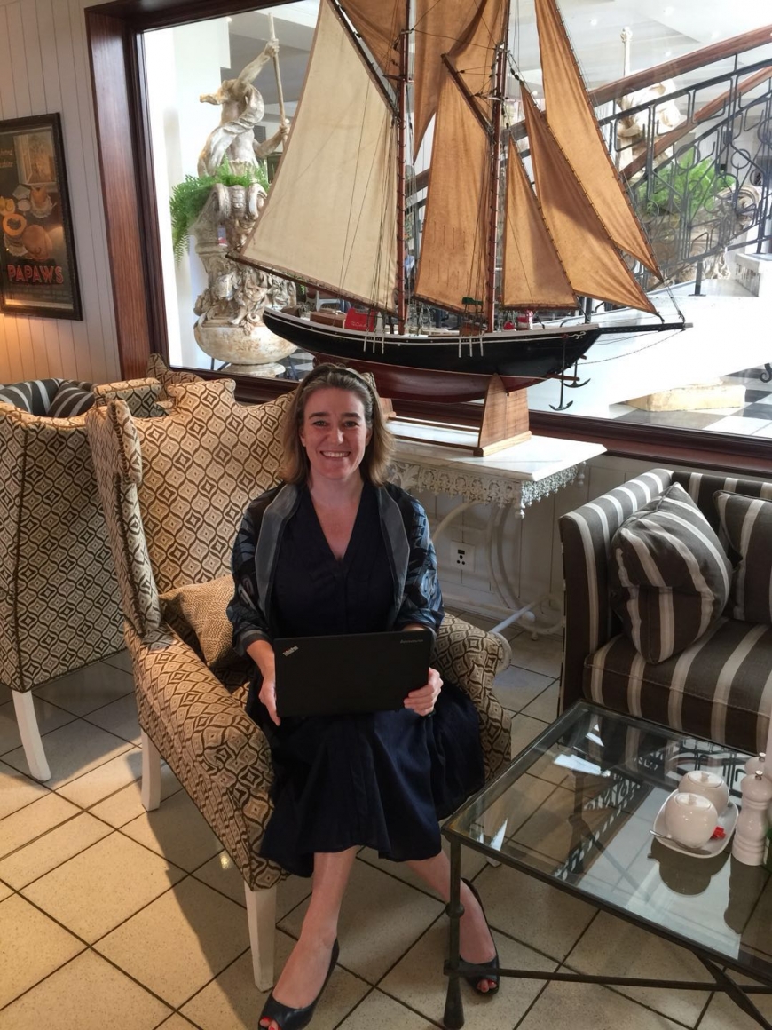 Louise Vogler with giant model ship